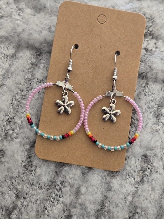 Native American Jewelry - Handmade Pink Beaded Hoop Earrings with Silver Flower Charm
